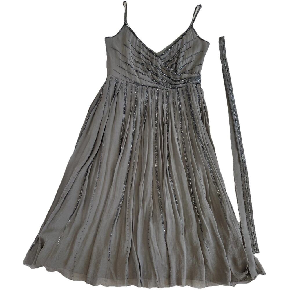 Vintage 90s Chetta B Gray 100% Silk Beaded Fit & Flare Dress Strappy 6
